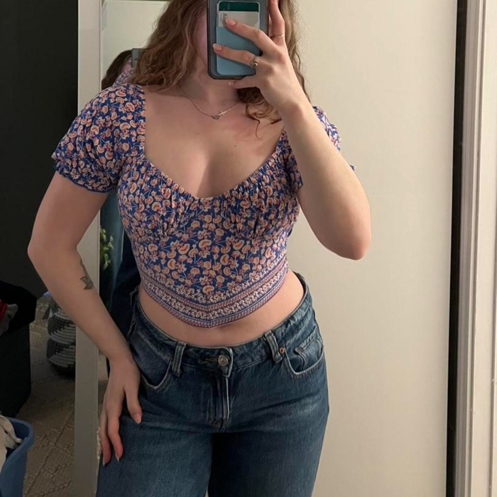 Floral Square-Neck Cropped Top in Blue and Peach
